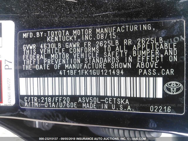 4T1BF1FK1GU121494 - 2016 TOYOTA CAMRY LE/XLE/SE/XSE 黑色 照片 9