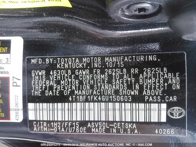 4T1BF1FK4GU150603 - 2016 TOYOTA CAMRY LE/XLE/SE/XSE 绿色 照片 9