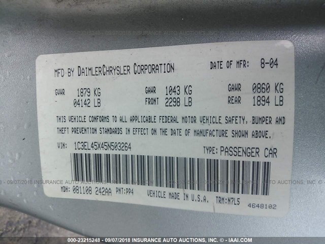 1C3EL45X45N503264 - 2005 CHRYSLER SEBRING GRAY photo 9