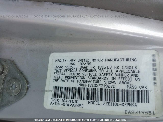 1NXBR18E0XZ219270 - 1999 TOYOTA COROLLA VE/CE/LE 银色 照片 9