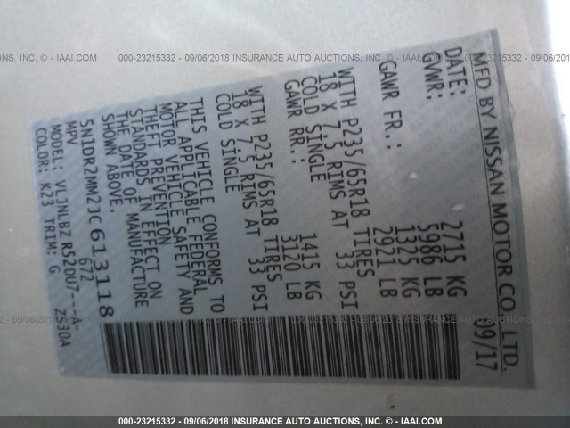 5N1DR2MM2JC613118 - 2018 NISSAN PATHFINDER S/SV/SL/PLATINUM SILVER photo 9