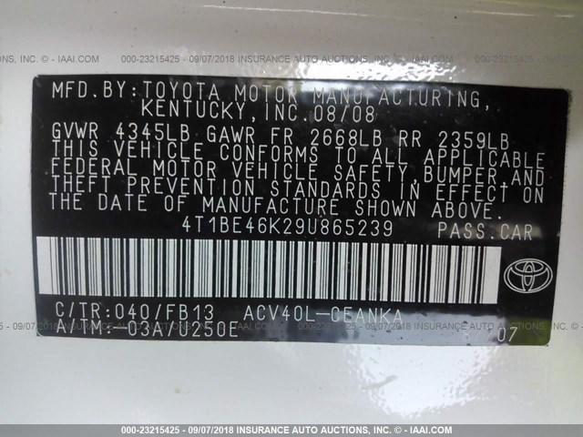 4T1BE46K29U865239 - 2009 TOYOTA CAMRY SE/LE/XLE 白色 照片 9