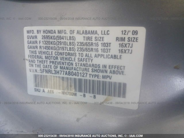 5FNRL3H77AB040127 - 2010 HONDA ODYSSEY EXL SILVER photo 9