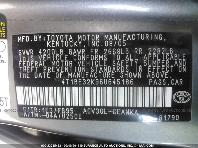 4T1BE32K96U645186 - 2006 TOYOTA CAMRY LE/XLE/SE 灰色 照片 9