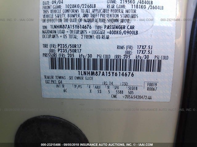 1LNHM87A15Y614676 - 2005 LINCOLN LS 白色 照片 9