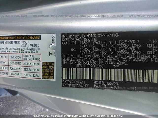 JTEBU11F970020601 - 2007 TOYOTA FJ CRUISER SILVER photo 9