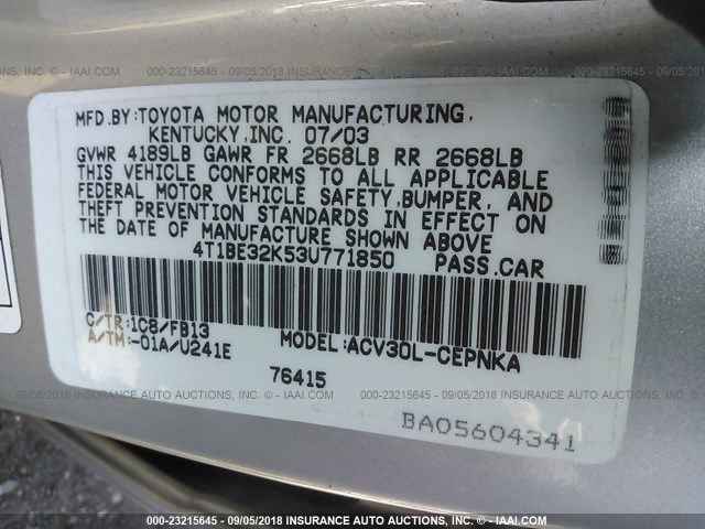 4T1BE32K53U771850 - 2003 TOYOTA CAMRY LE/XLE/SE Күміс фото 9