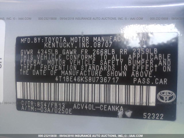 4T1BE46K58U736717 - 2008 TOYOTA CAMRY CE/LE/XLE/SE BLUE photo 9