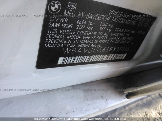 WBAVS13568FX17036 - 2008 BMW 328 IT WHITE photo 9