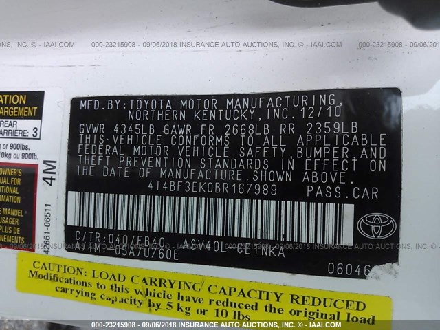 4T4BF3EK0BR167989 - 2011 TOYOTA CAMRY SE/LE/XLE 白色 照片 9