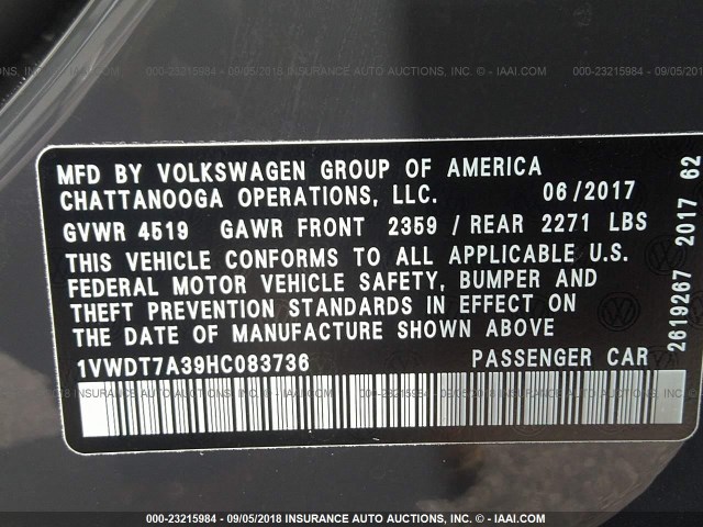 1VWDT7A39HC083736 - 2017 VOLKSWAGEN PASSAT R-LINE Boz foto 9