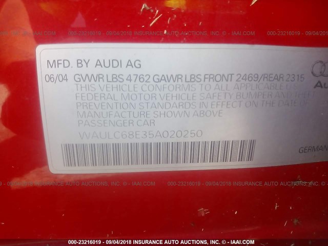 WAULC68E35A020250 - 2005 AUDI A4 1.8T QUATTRO/SPECIAL RED photo 9