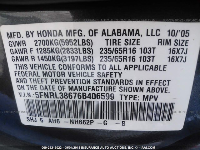 5FNRL38676B406599 - 2006 HONDA ODYSSEY EXL GRAY photo 9