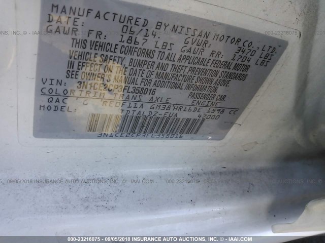 3N1CE2CP3FL358016 - 2015 NISSAN VERSA NOTE S/S PLUS/SV/SL/SR WHITE photo 9