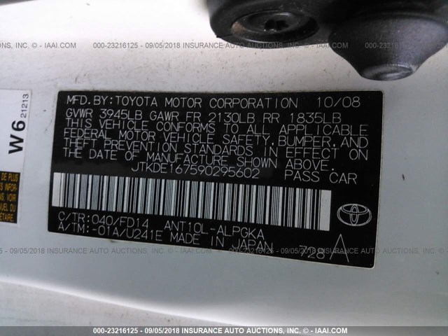 JTKDE167590295602 - 2009 TOYOTA SCION TC თეთრი ფოტო 9