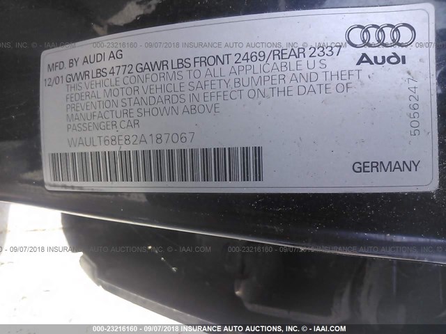 WAULT68E82A187067 - 2002 AUDI A4 3.0 QUATTRO BLACK photo 9