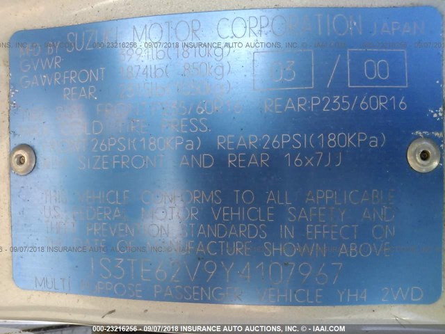 JS3TE62V9Y4107967 - 2000 SUZUKI GRAND VITARA JLS/LIMITED SILVER photo 9