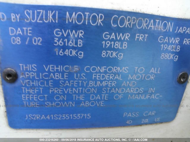 JS2RA41S235153715 - 2003 SUZUKI AERIO S/GS WHITE photo 9