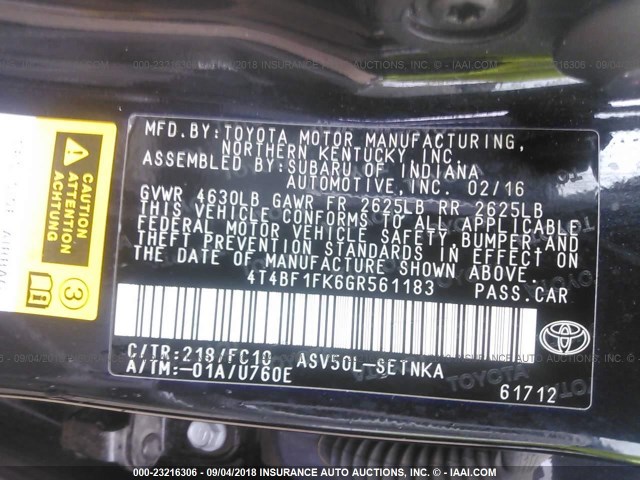 4T4BF1FK6GR561183 - 2016 TOYOTA CAMRY LE/XLE/SE/XSE 黑色 照片 9