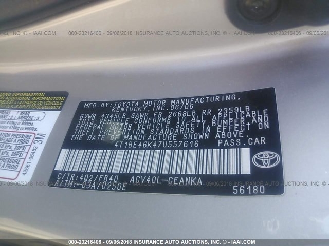 4T1BE46K47U557616 - 2007 TOYOTA CAMRY NEW GENERAT CE/LE/XLE/SE GOLD photo 9