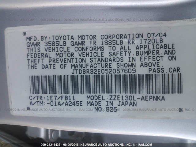 JTDBR32E052057609 - 2005 TOYOTA COROLLA CE/LE SILVER photo 9