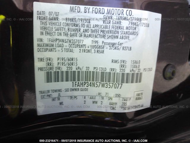 1FAHP34N57W357077 - 2007 FORD FOCUS ZX4/S/SE/SES 勃艮第红 照片 9