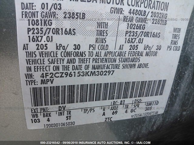 4F2CZ96153KM30297 - 2003 MAZDA TRIBUTE ES 青色 照片 9