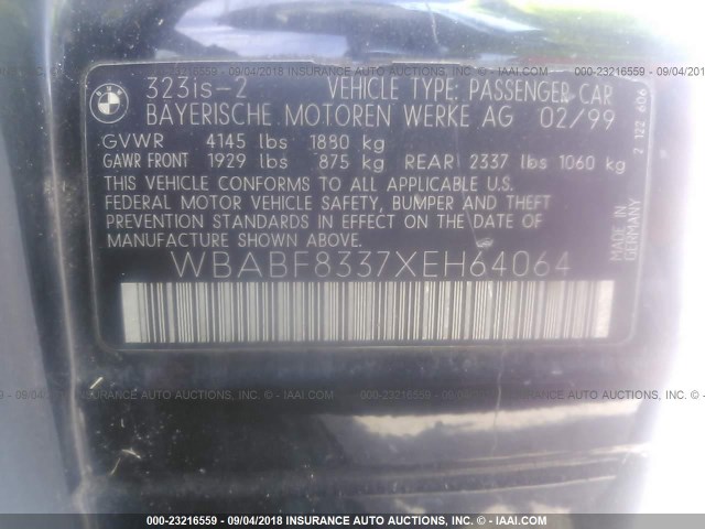WBABF8337XEH64064 - 1999 BMW 323 IS AUTOMATIC BLACK photo 9