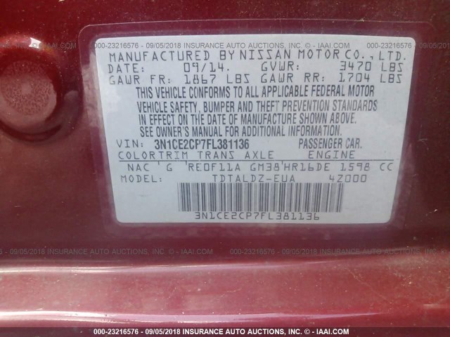 3N1CE2CP7FL381136 - 2015 NISSAN VERSA NOTE S/S PLUS/SV/SL/SR RED photo 9