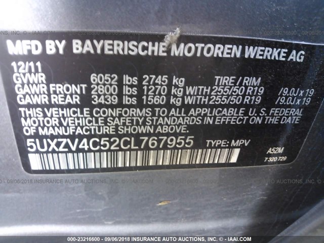 5UXZV4C52CL767955 - 2012 BMW X5 XDRIVE35I GRAY photo 9