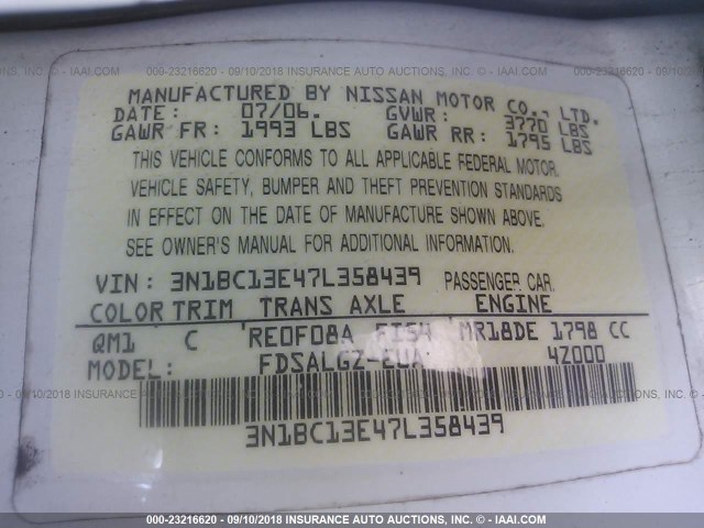 3N1BC13E47L358439 - 2007 NISSAN VERSA S/SL WHITE photo 9