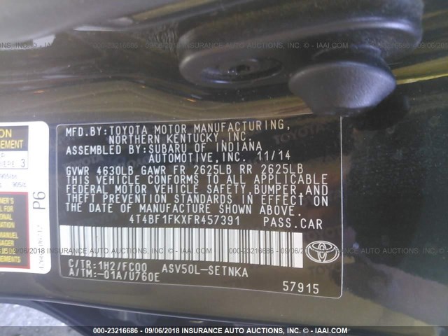 4T4BF1FKXFR457391 - 2015 TOYOTA CAMRY LE/XLE/SE/XSE 黑色 照片 9