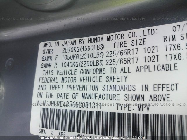 JHLRE48568C081311 - 2008 HONDA CR-V EX SILVER photo 9