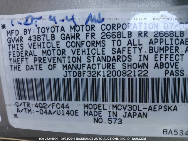 JTDBF32K120082122 - 2002 TOYOTA CAMRY LE/XLE/SE Алтын фото 9