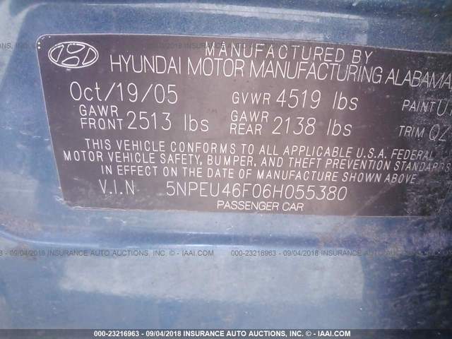 5NPEU46F06H055380 - 2006 HYUNDAI SONATA GLS/LX BLUE photo 9