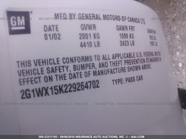 2G1WX15K229264702 - 2002 CHEVROLET MONTE CARLO SS 白色 照片 9