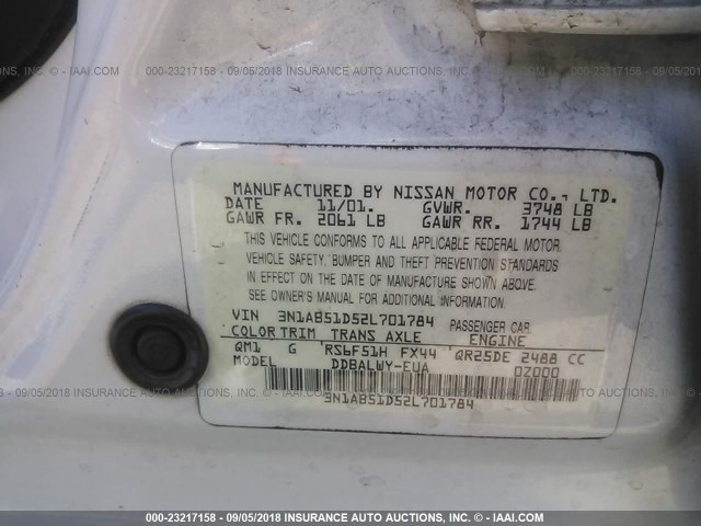 3N1AB51D52L701784 - 2002 NISSAN SENTRA SE-R SPEC V WHITE photo 9