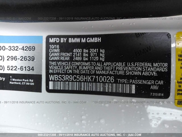 WBS3R9C56HK710026 - 2017 BMW M4 WHITE photo 9