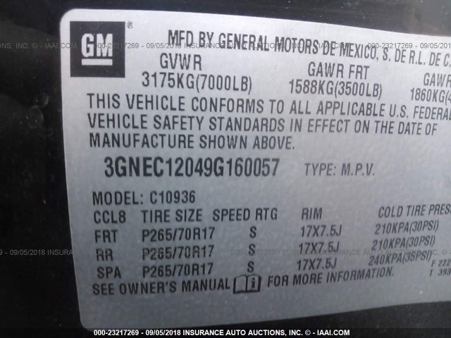 3GNEC12049G160057 - 2009 CHEVROLET AVALANCHE C1500  LS BLACK photo 9