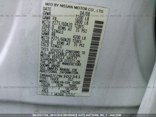 1N6AA07C29N302341 - 2009 NISSAN TITAN XE/SE/LE/PRO-4X WHITE photo 9