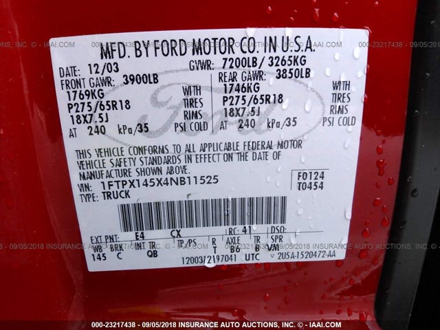 1FTPX145X4NB11525 - 2004 FORD F150 RED photo 9