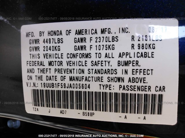 19UUB1F59JA005604 - 2018 ACURA TLX TECH BLUE photo 9