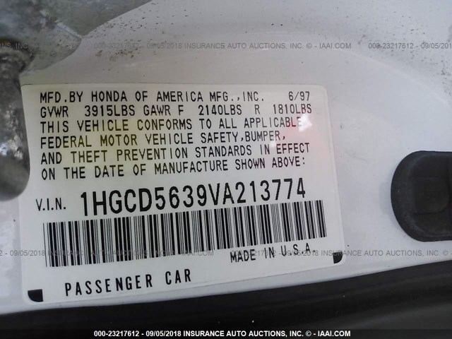 1HGCD5639VA213774 - 1997 HONDA ACCORD LX/EX WHITE photo 9