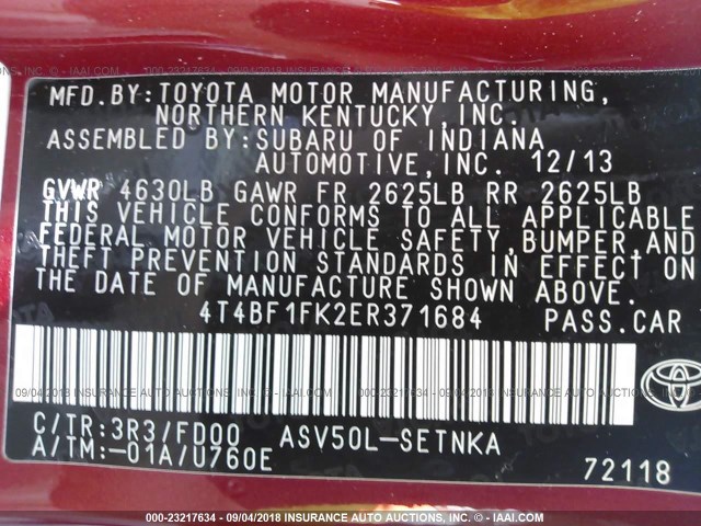 4T4BF1FK2ER371684 - 2014 TOYOTA CAMRY L/SE/LE/XLE 红色 照片 9