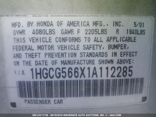 1HGCG566X1A112285 - 2001 HONDA ACCORD EX WHITE photo 9