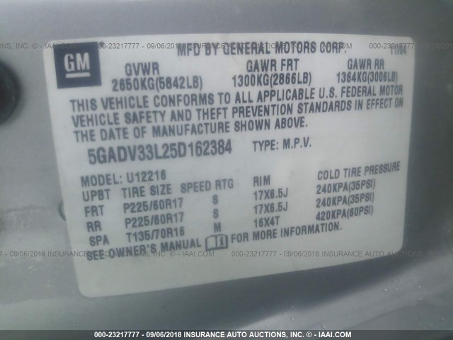 5GADV33L25D162384 - 2005 BUICK TERRAZA CXL SILVER photo 9