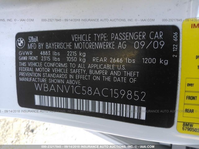 WBANV1C58AC159852 - 2010 BMW 528 XI WHITE photo 9