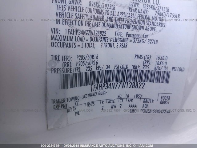 1FAHP34N77W128822 - 2007 FORD FOCUS ZX4/S/SE/SES 白色 照片 9