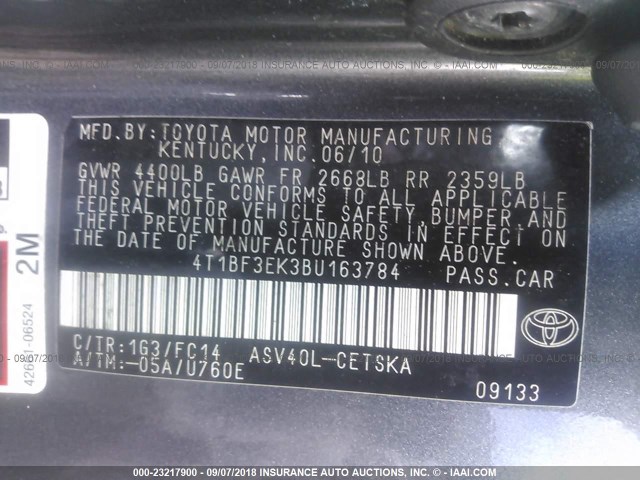 4T1BF3EK3BU163784 - 2011 TOYOTA CAMRY SE/LE/XLE ნაცრისფერი ფოტო 9