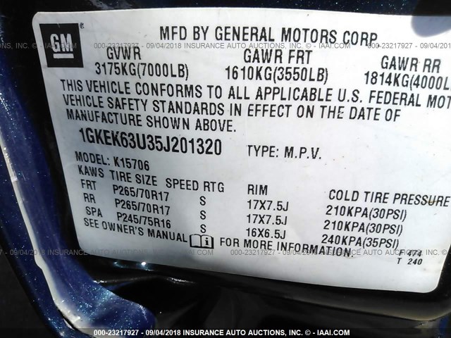 1GKEK63U35J201320 - 2005 GMC YUKON DENALI BLUE photo 9